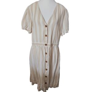 LOFT Tan Cream Striped V-Neck Linen Blend Puff Sleeve Button Front Dress Sz 14